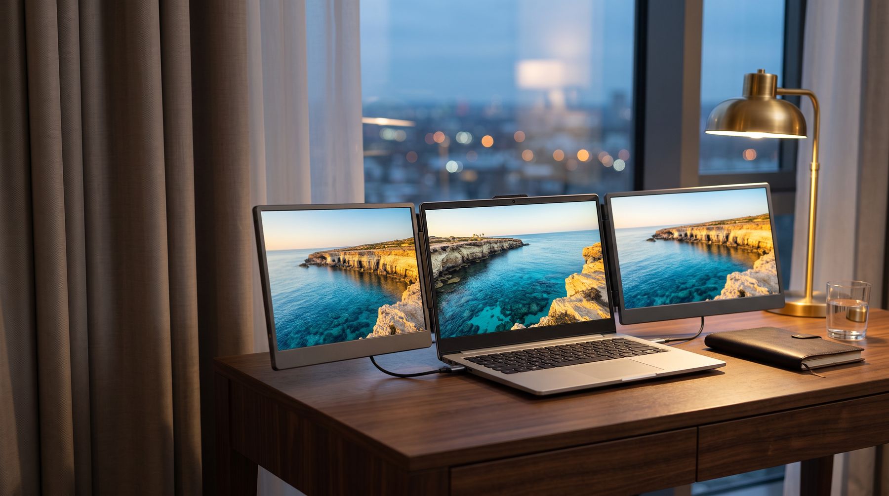 A laptop with two Glide side screens open on a hotel desk at dusk